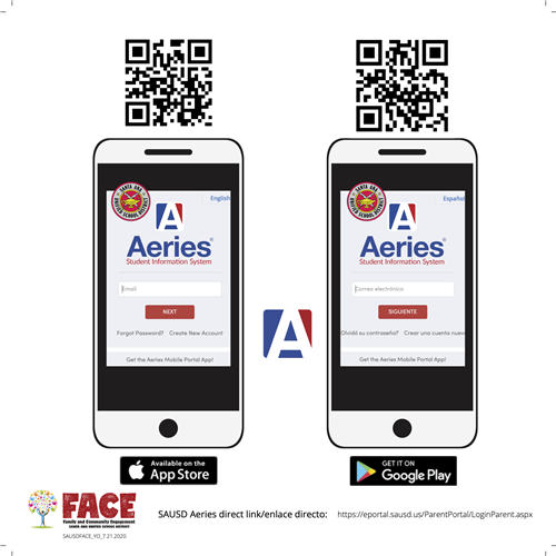 Aeries Direct Link and  QR codes for iOS and Android 